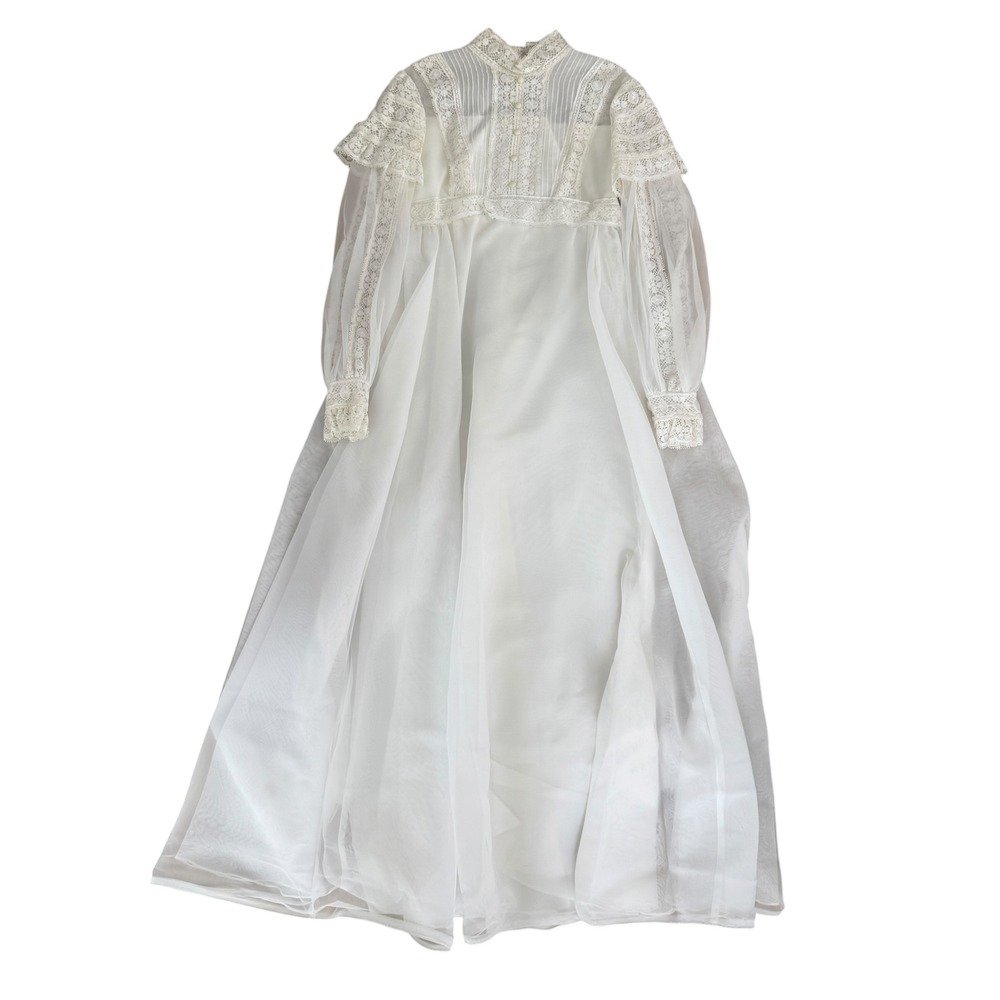 Vintage 1970s Prairie Wedding Dress White Lace High Neck Victorian Gown S White